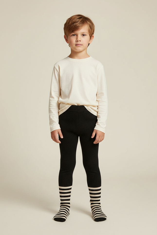 Pantalon Noir Côtelé Tricoté Extensible Confortable Enfant - Maille