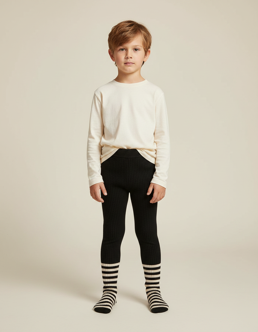 Pantalon Noir Côtelé Tricoté Extensible Confortable Enfant - Maille