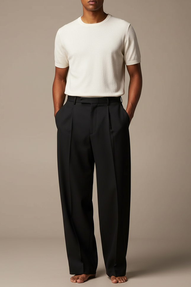 Pantalon Noir Ample Plissé Droit Élégant Homme - Gabardine