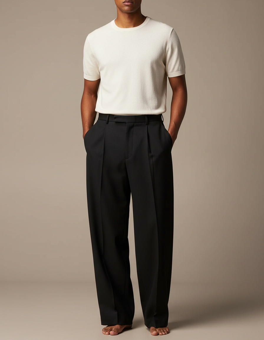 Pantalon Noir Ample Plissé Droit Élégant Homme - Gabardine