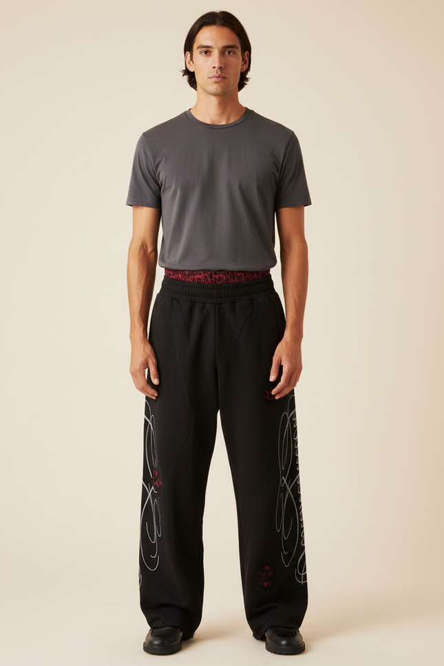 Pantalon Noir Brodé Ample Décontracté Streetwear - Molleton