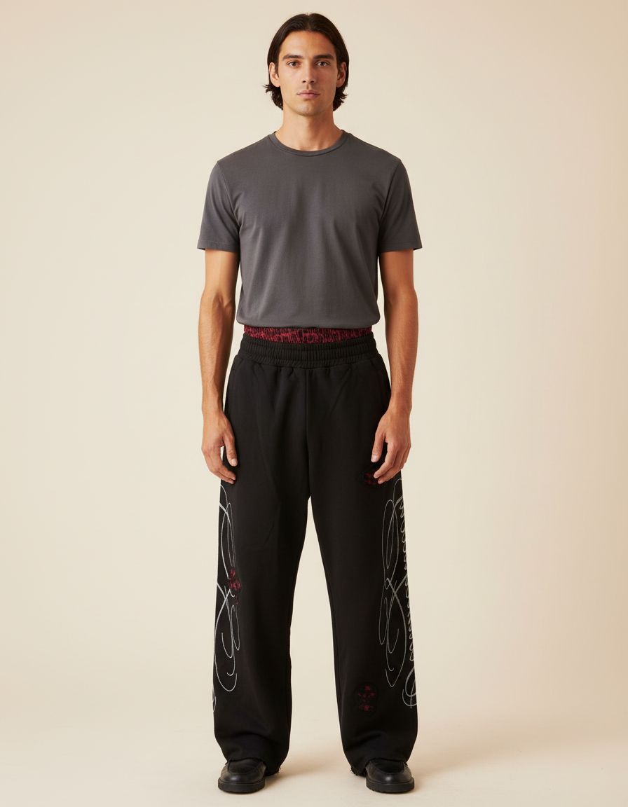 Pantalon Noir Brodé Ample Décontracté Streetwear - Molleton