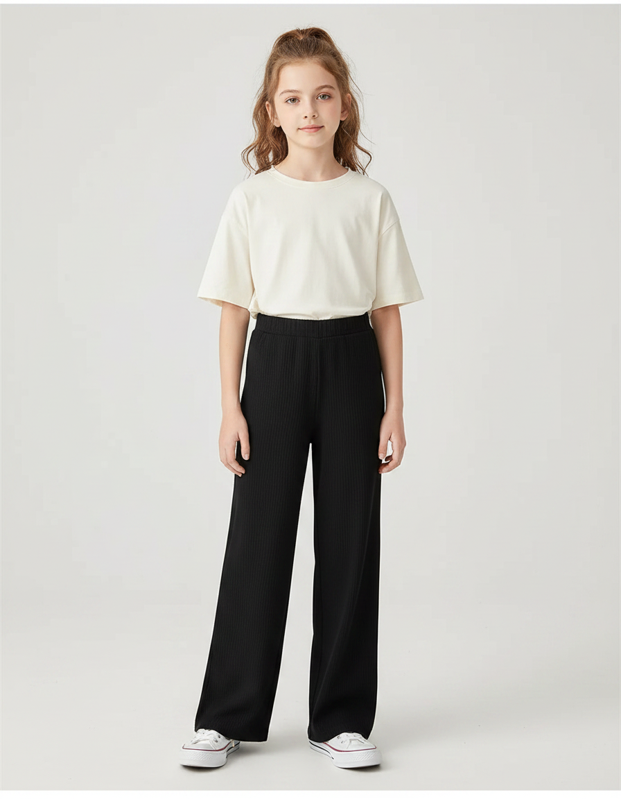 Pantalon Noir Côtelé Ample Confortable Fille Décontracté - Maille