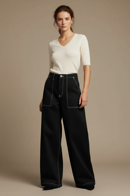 Pantalon Noir Ample Coutures Blanches Décontracté Femme - Toile