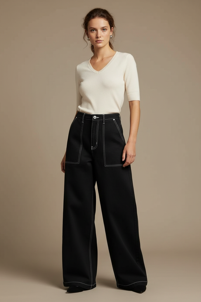 Pantalon Noir Ample Coutures Blanches Décontracté Femme - Toile