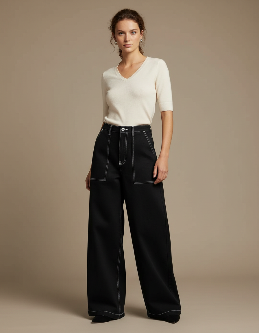 Pantalon Noir Ample Coutures Blanches Décontracté Femme - Toile