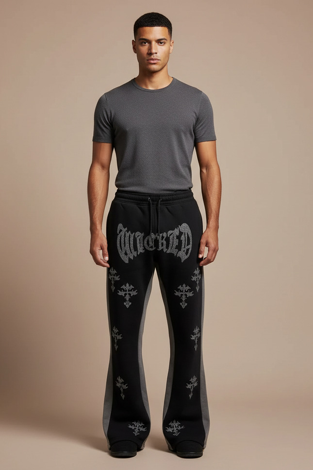 Pantalon Noir Évasé Imprimé Croix Y2K Homme - Molleton