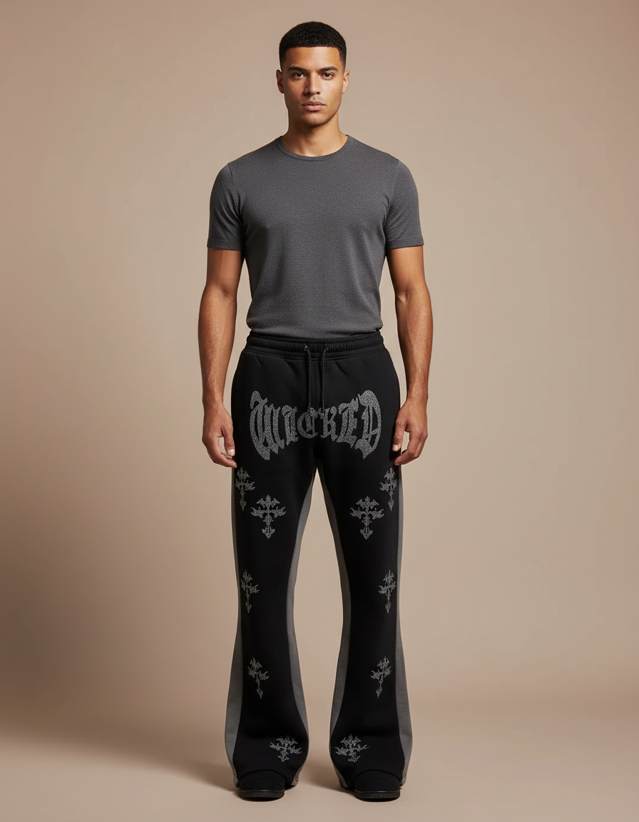Pantalon Noir Évasé Imprimé Croix Y2K Homme - Molleton