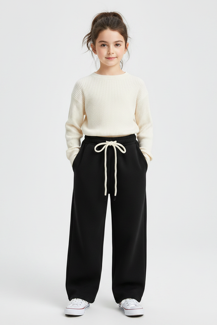 Pantalon Noir Ample Cordon Polaire Fille - Molleton