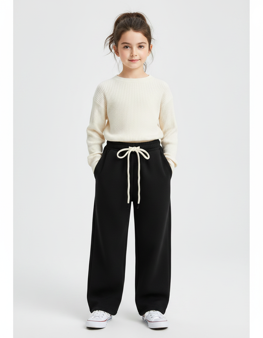 Pantalon Noir Ample Cordon Polaire Fille - Molleton