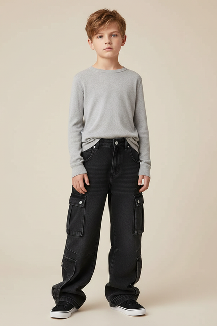 Pantalon Noir Cargo Ample Denim Garçon - Jean
