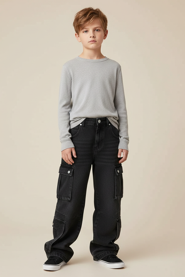 Pantalon Noir Cargo Ample Denim Garçon - Jean