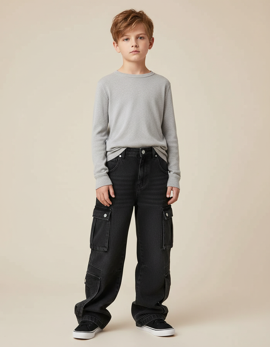 Pantalon Noir Cargo Ample Denim Garçon - Jean