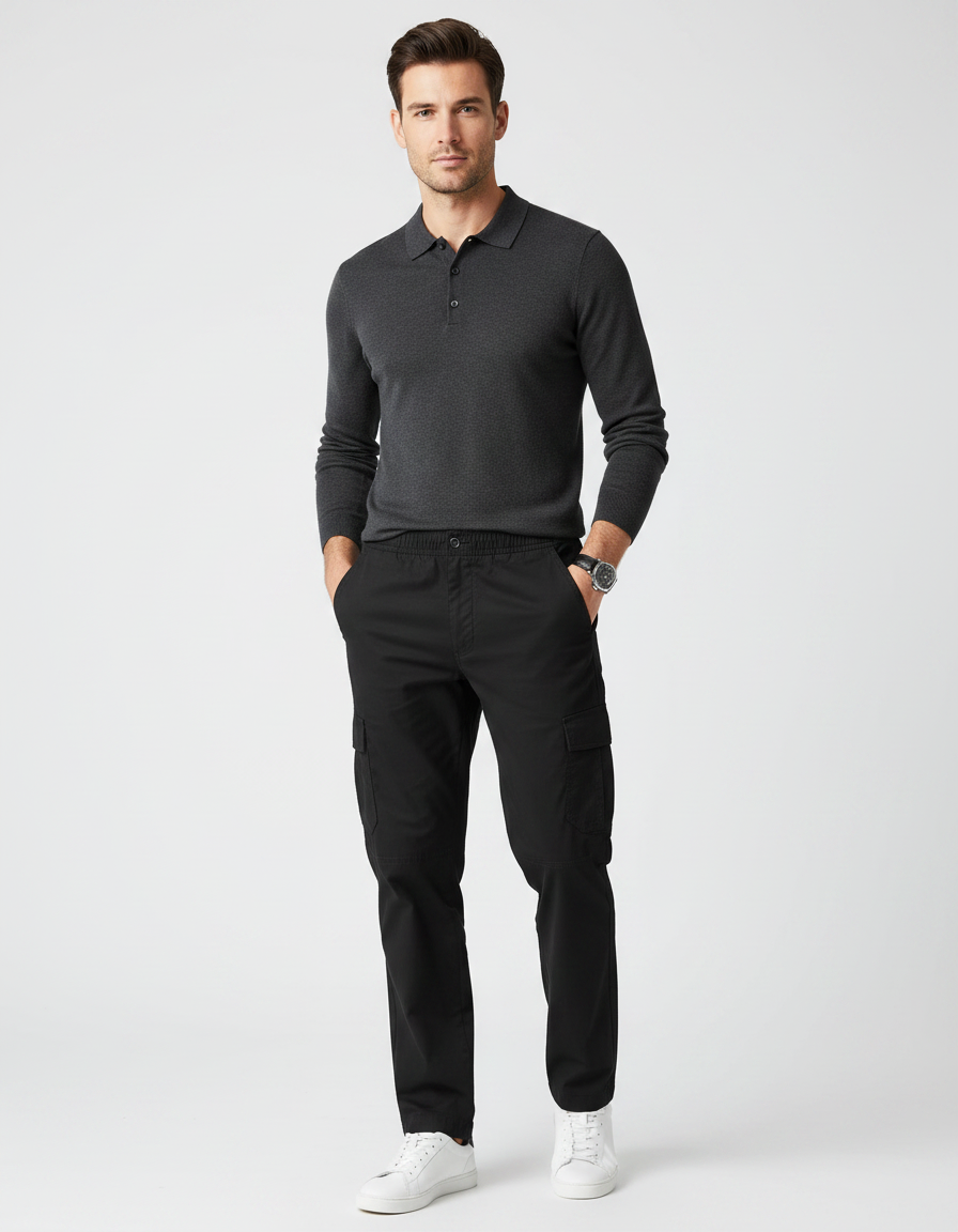 Pantalon Noir Cargo Coton Décontracté Ample Homme