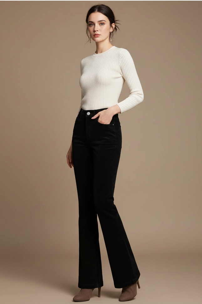Pantalon Noir Côtelé Taille Haute Évasé Femme - Cordé