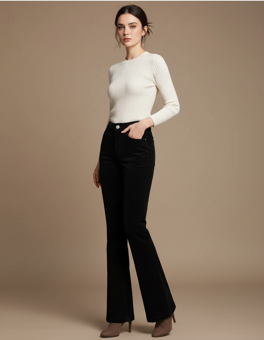 Pantalon Noir Côtelé Taille Haute Évasé Femme - Cordé