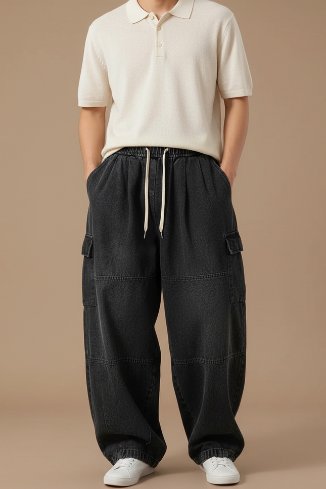 Pantalon Noir Baggy Cargo Cordon Décontracté Homme - Jean