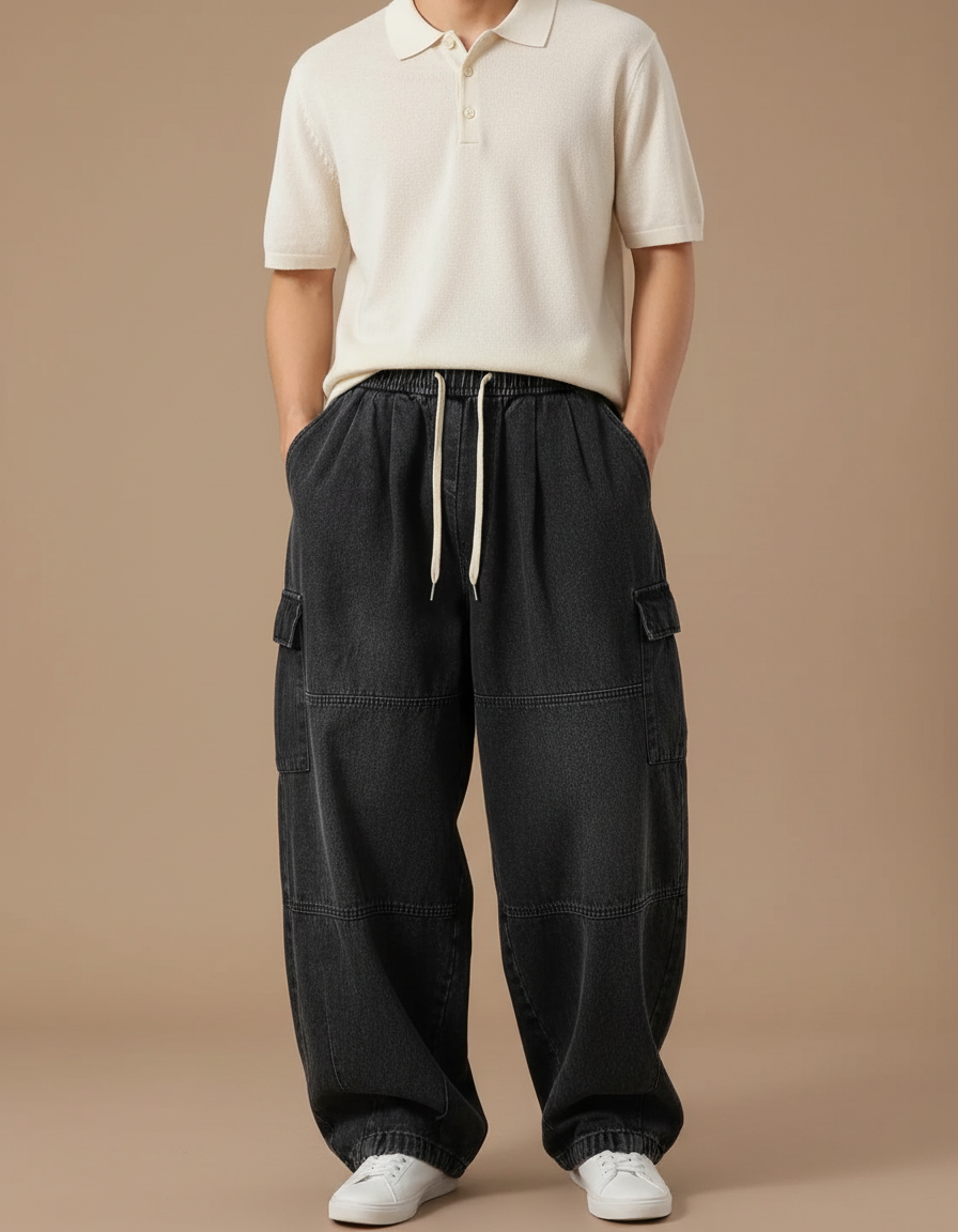 Pantalon Noir Baggy Cargo Cordon Décontracté Homme - Jean