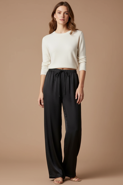Pantalon Noir Fluide Satin Ample Cordon Élégant