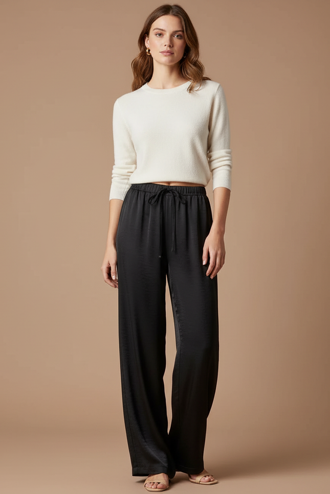 Pantalon Noir Fluide Satin Ample Cordon Élégant