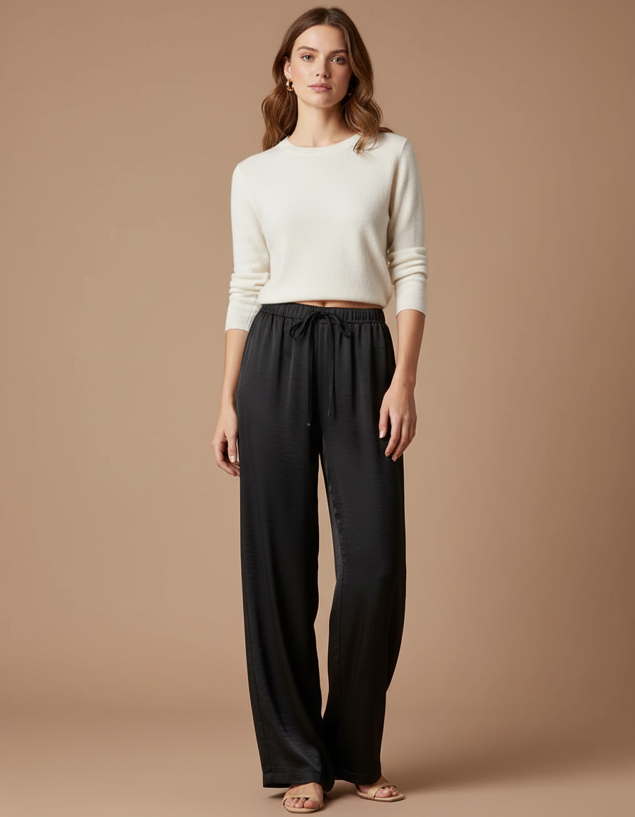 Pantalon Noir Fluide Satin Ample Cordon Élégant