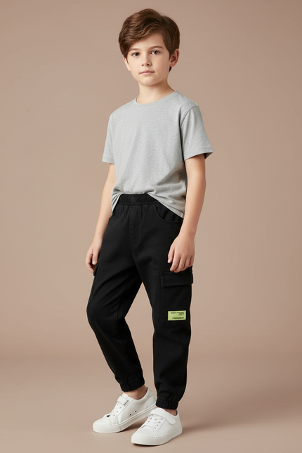 Pantalon Noir Cargo Coton Garçon Jogger Décontracté