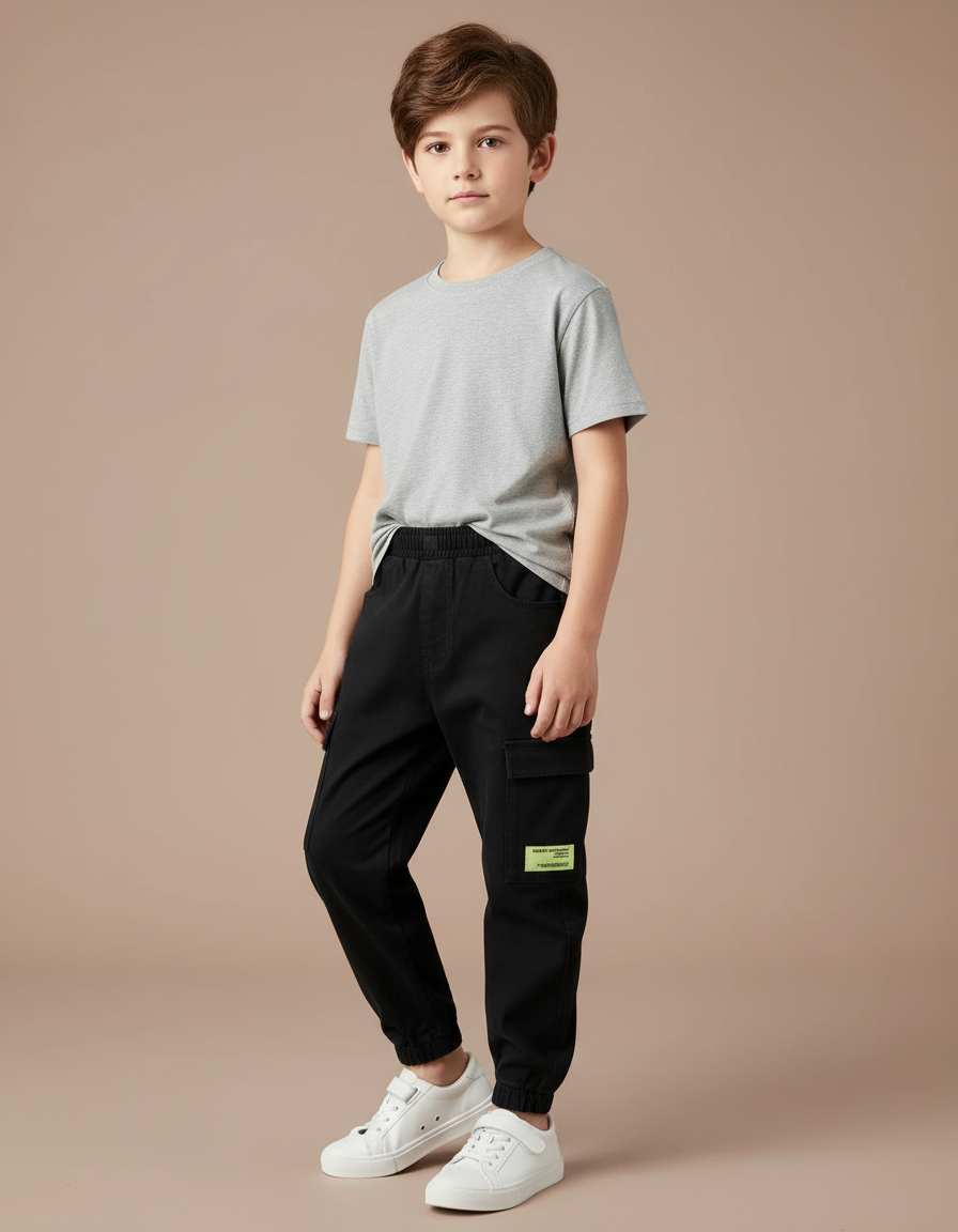 Pantalon Noir Cargo Coton Garçon Jogger Décontracté
