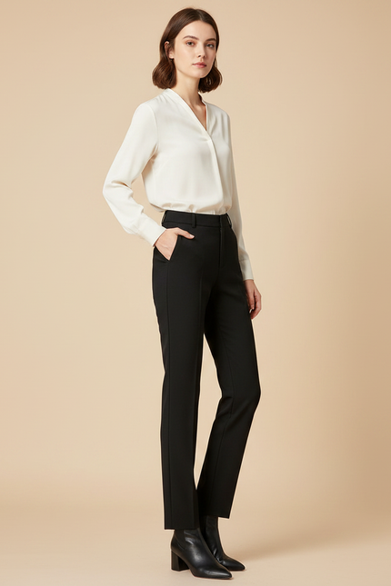 Pantalon Noir Femme Droit Taille Haute Élégant - Gabardine