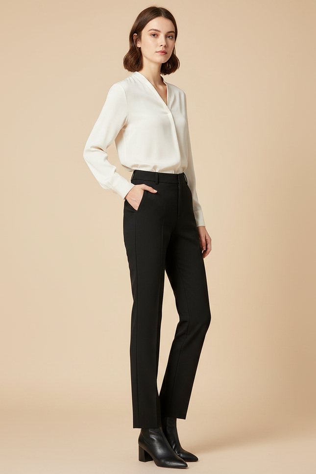 Pantalon Noir Femme Droit Taille Haute Élégant - Gabardine