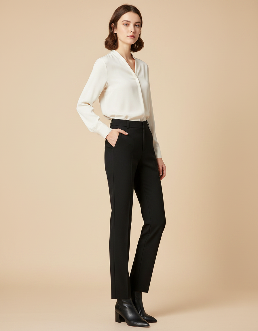 Pantalon Noir Femme Droit Taille Haute Élégant - Gabardine