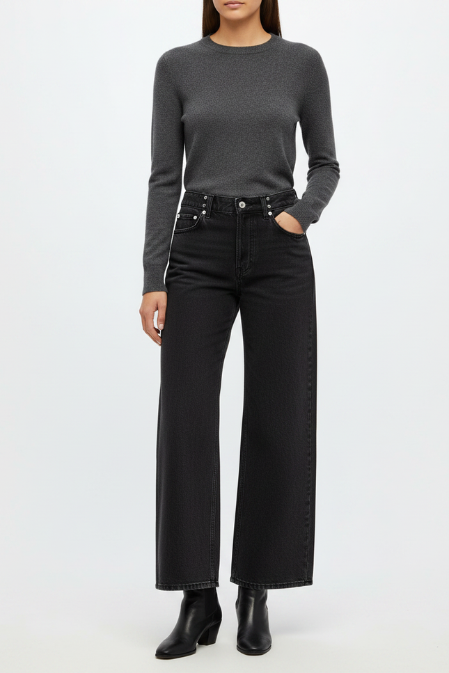 Pantalon Noir Ample Jean Denim Femme Décontracté