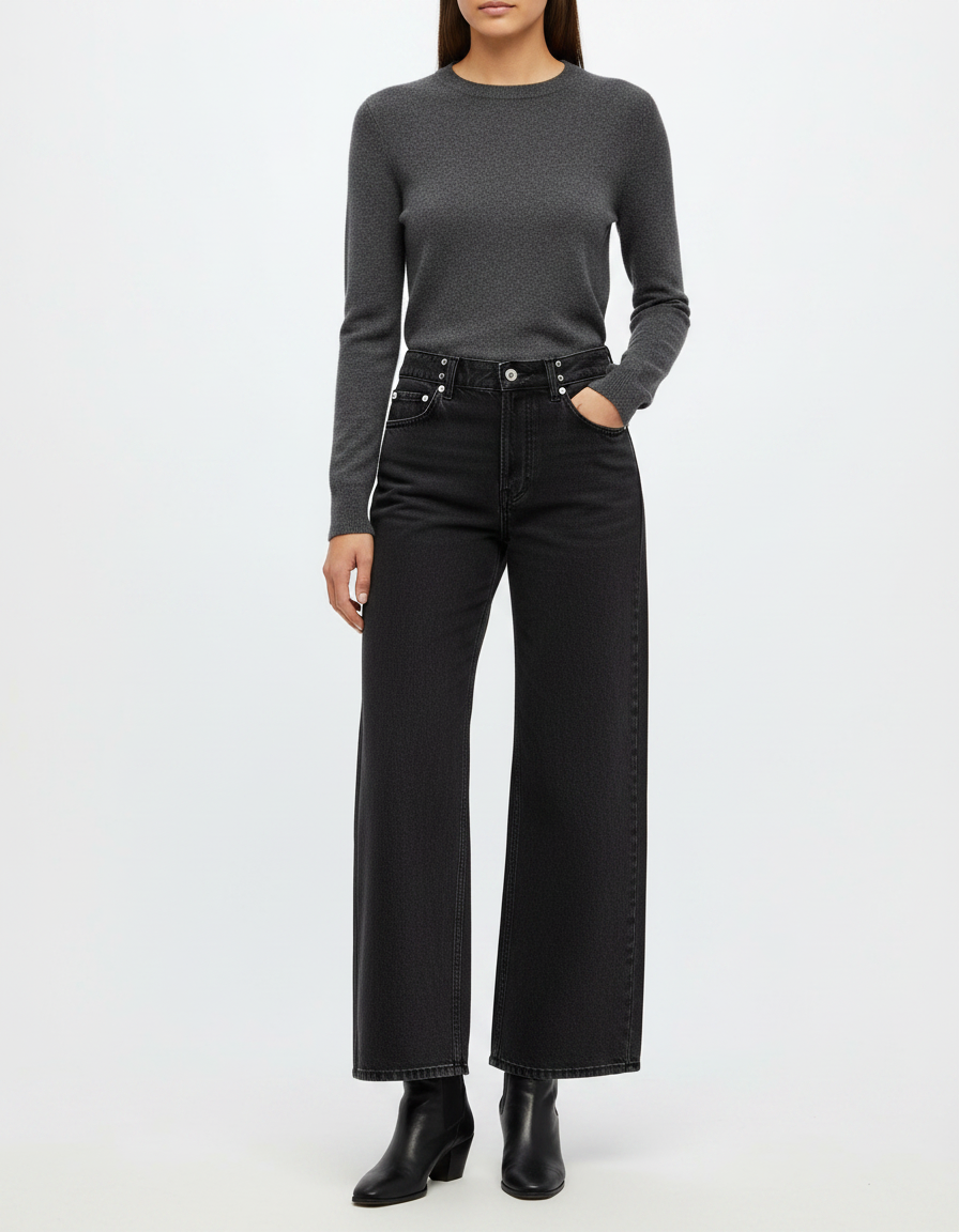 Pantalon Noir Ample Jean Denim Femme Décontracté