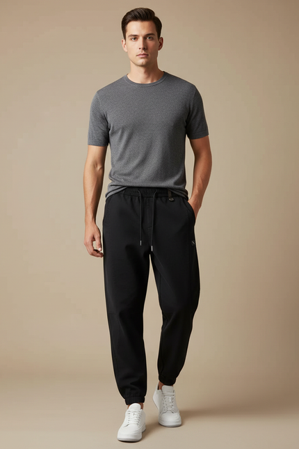 Pantalon Noir Jogging Ample Cordon Sport Casual - Polyester