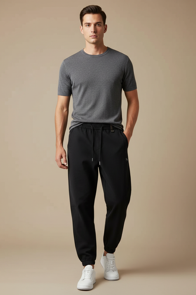 Pantalon Noir Jogging Ample Cordon Sport Casual - Polyester