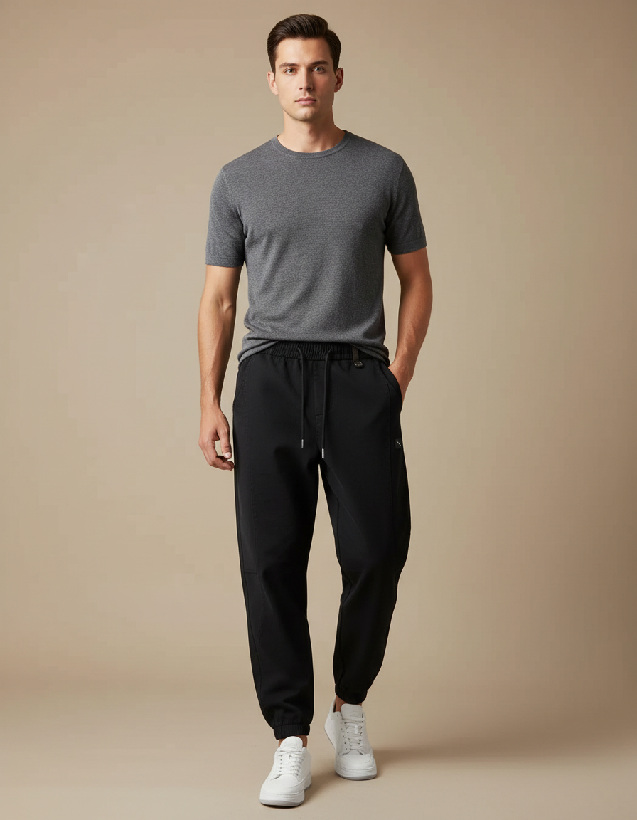 Pantalon Noir Jogging Ample Cordon Sport Casual - Polyester