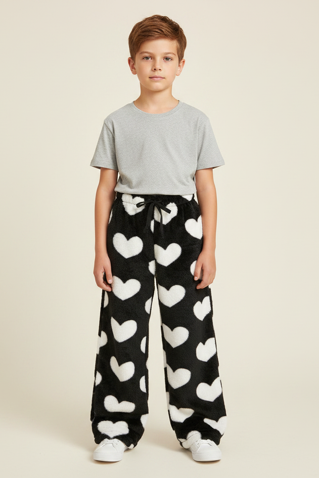 Pantalon Noir Velours Cœurs Ample Doux Confortable - Molleton