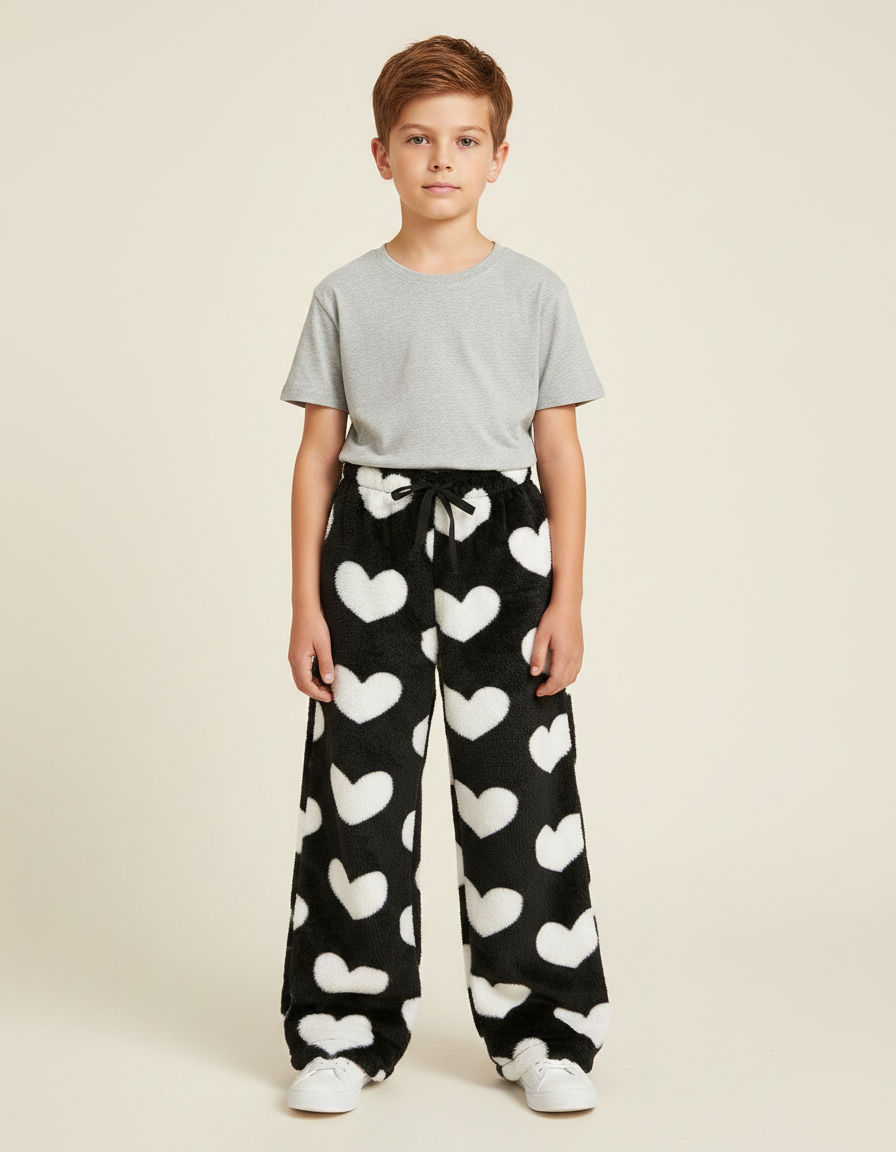 Pantalon Noir Velours Cœurs Ample Doux Confortable - Molleton
