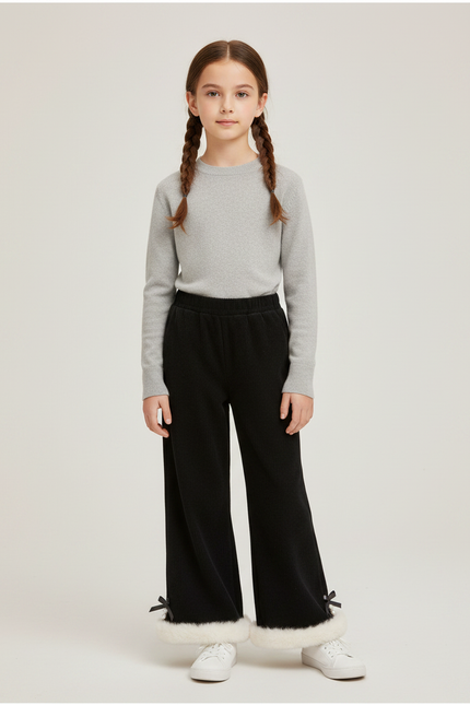 Pantalon Noir Fille Côtelé Ample Fourrure Hiver - Cordé