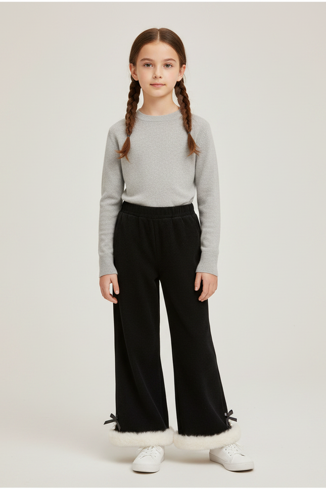 Pantalon Noir Fille Côtelé Ample Fourrure Hiver - Cordé