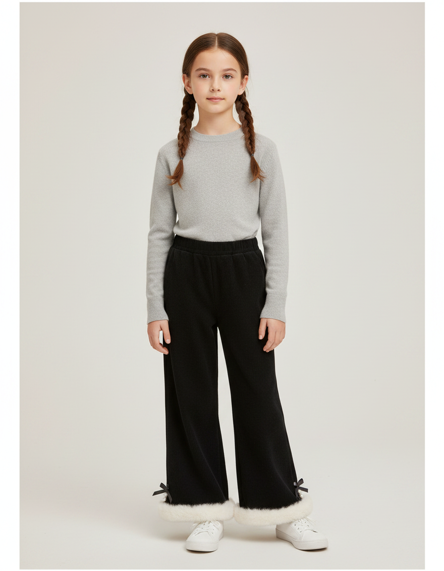 Pantalon Noir Fille Côtelé Ample Fourrure Hiver - Cordé