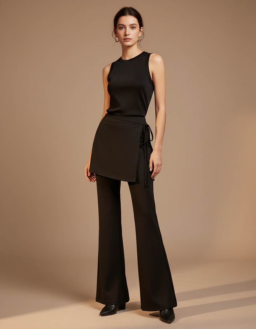 Pantalon Noir Évasé Fluide Élégant Femme - Polyester