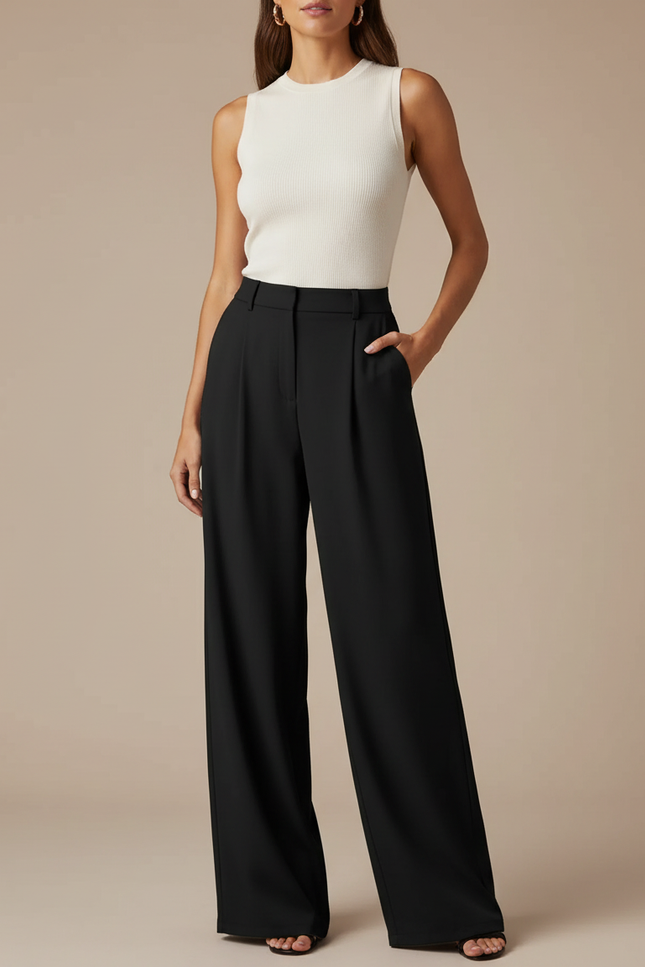 Pantalon Noir Fluide Ample Taille Haute Élégant - Polyester