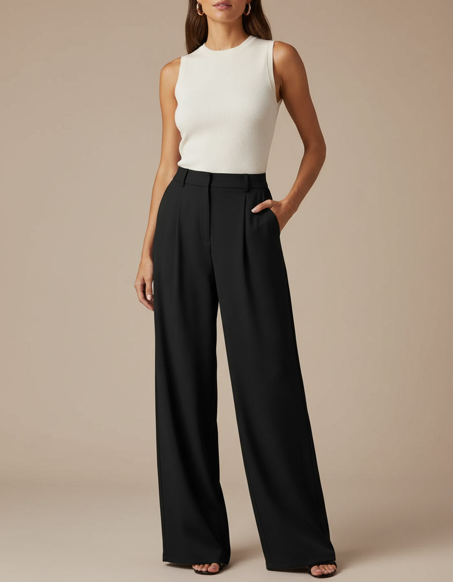 Pantalon Noir Fluide Ample Taille Haute Élégant - Polyester