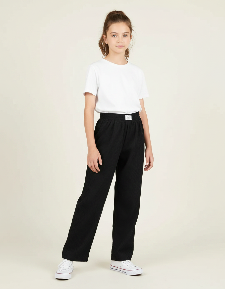 Pantalon Noir Côtelé Ample Enfant Décontracté - Cordé