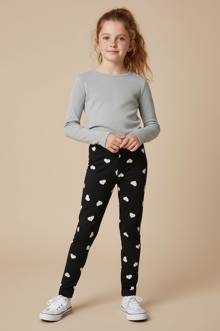 Pantalon Noir Cœurs Blancs Extensible Fille - Maille