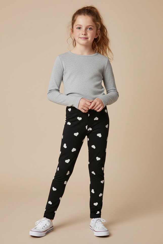 Pantalon Noir Cœurs Blancs Extensible Fille - Maille