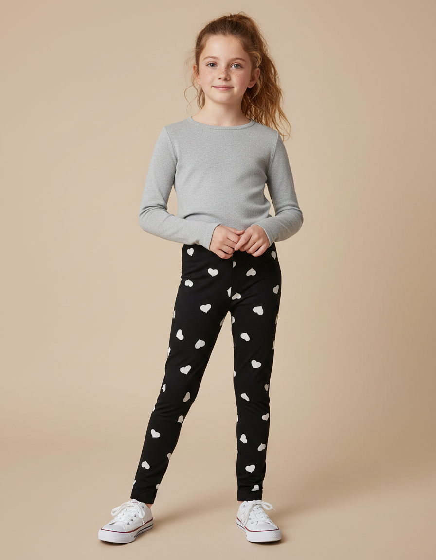 Pantalon Noir Cœurs Blancs Extensible Fille - Maille