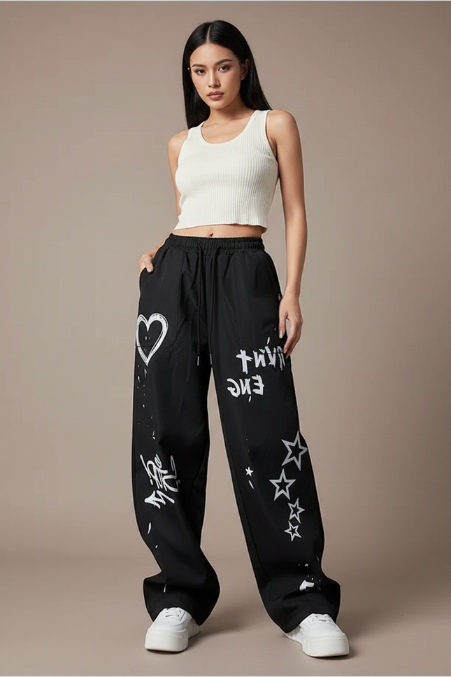 Pantalon Noir Ample Graffitis Streetwear Décontracté - Polyester