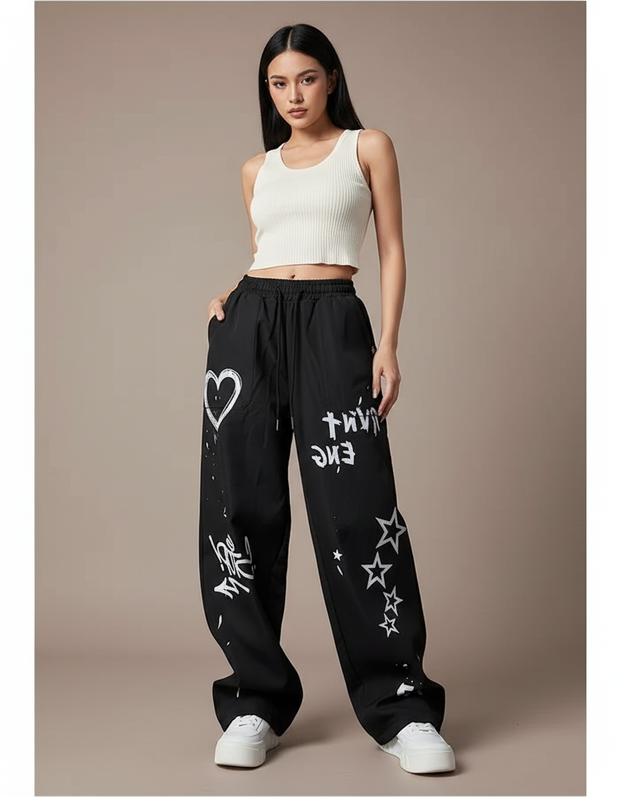 Pantalon Noir Ample Graffitis Streetwear Décontracté - Polyester