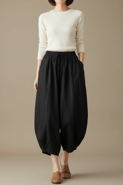 Pantalon Noir Lin Ample Carotte Décontracté Femme